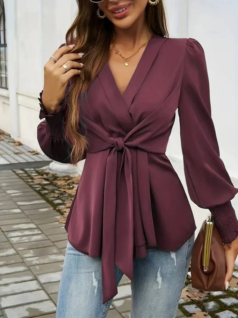 Kadın Uzun Kollu Kruvaze Yakalı önden Bağlamalı Ithal Krep Bluz
