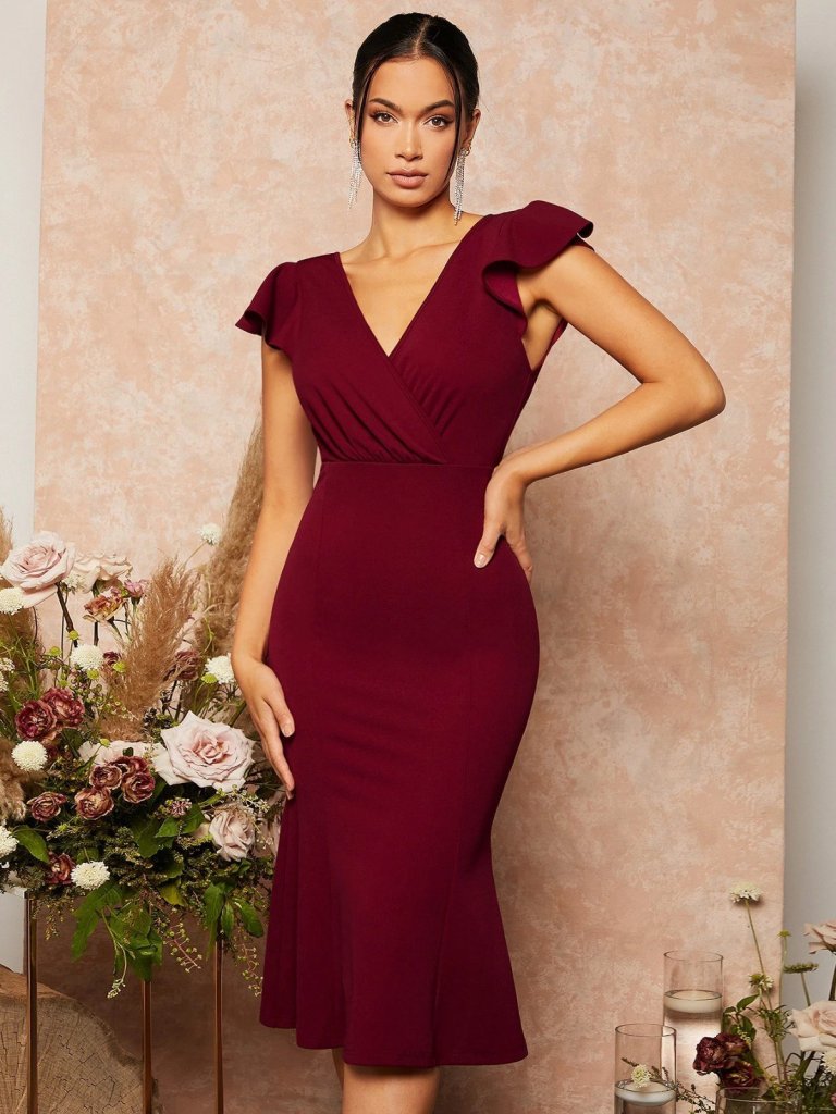 Kadın Kısa Kelebek Kollu Kruvaze Yaka Ithal Krep Midi Elbise