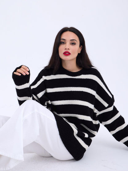 43111 TRİKO ÇİZGİLİ SALAŞ KAZAK-SİYAH-EKRU