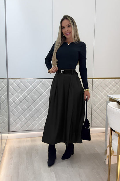 Kadın Yüksek Belli Maxi Deri Kemersiz Etek