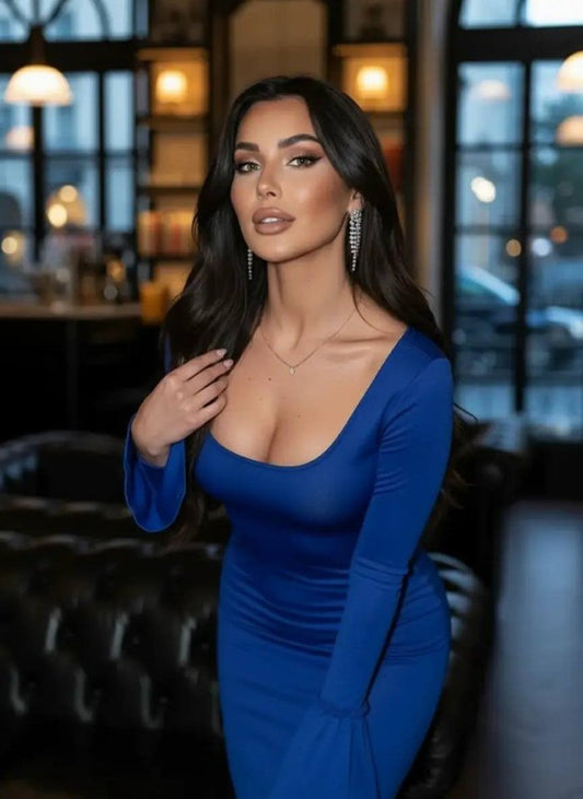 Kadın Uzun Kollu Kare Yaka Volanlı Manşet Detay Maxi Boy Elbise