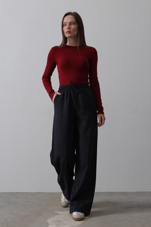 Beli Lastikli Bol Paça Pantolon - Lacivert-Beyaz