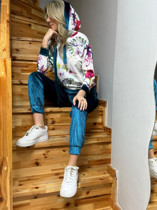 Kadın Kadife Kumaş Uzun Kollu Kapüşon Detay çiçek Baskılı Sweat Ve Pantolon Ikili Takım