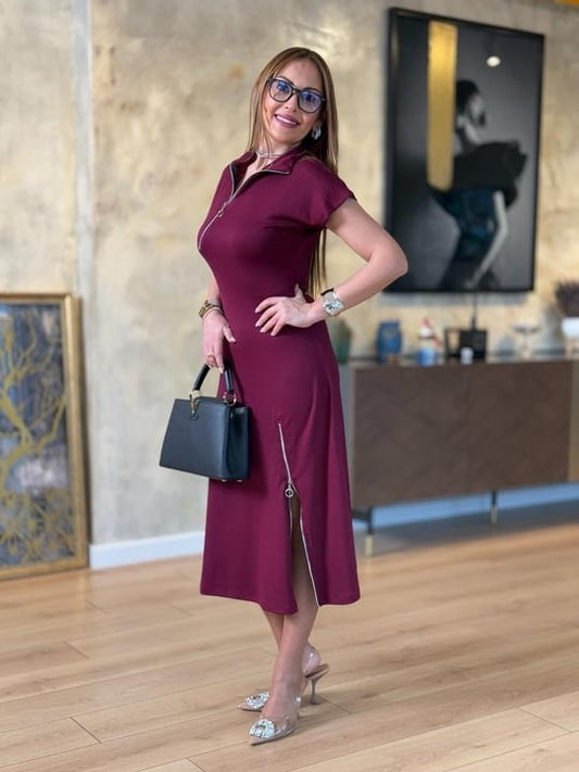 Kadın Kısa Kollu Yakadan Ve Etekten Fermuarlı Midi Viskon Iki Iplik Elbise