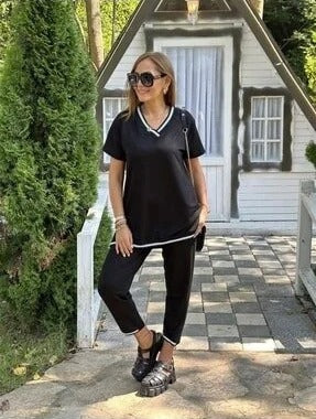 Kadın Kısa Kollu V Yakalı Iki Iplik Bluz Ve Pantolon Ikili Takım