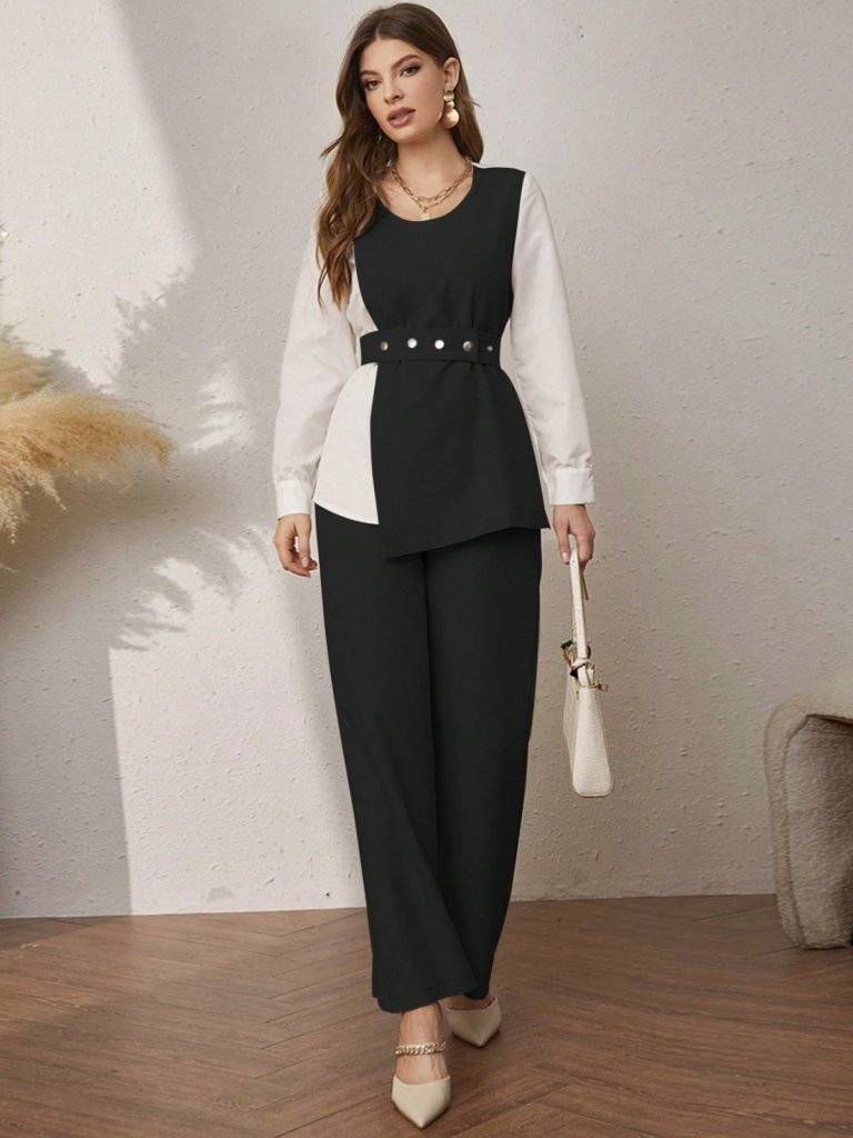 Kadın Uzun Kollu Açık Yakalı çift Renkli Kemerli Ithal Krep Ikili Takım