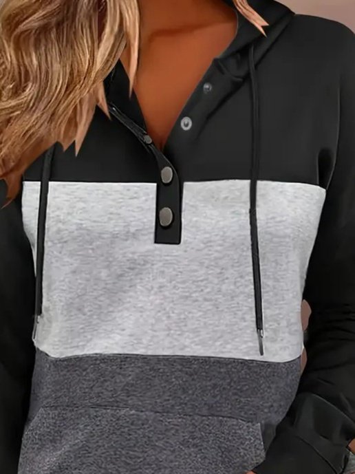 Kadın Uzun Kollu Kapşonlu çok Renkli Iki Iplik Bluz