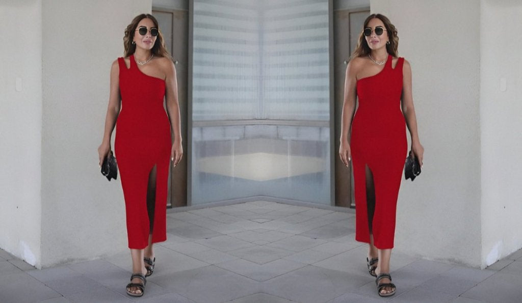 Kadın Kolsuz Tek Omuz Damla Detay JanJan Krep Elbise