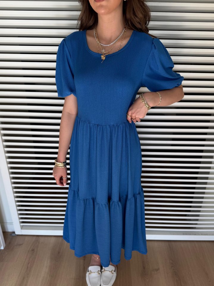 Kadın Kısa Kollu Yakası Açık Katlı Bürümcük Balon Elbise