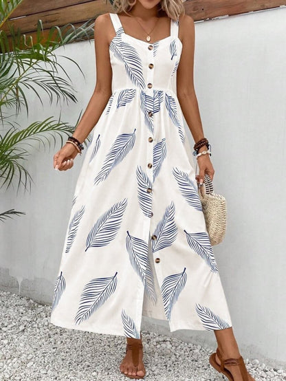 Kadın Askılı önden Düğmeli Yaprak Desenli Uzun Süprem Elbise