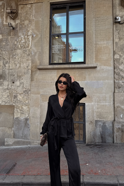 SATEN KRUVAZE BAĞLAMALI BLUZ- PANTOLON TAKIM - Siyah