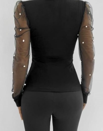 Kadın Uzun Kollu Inci Detaylı Tüllü Viskon Bluz