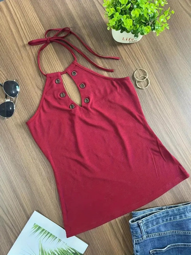 Kadın Askılı Kuş Gözü Ve Dekolte Detay Boyundan Bağlamalı Viskon Bluz