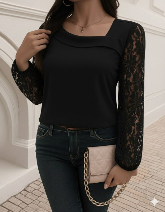 Kadın Uzun Kollu Asimetrik Yakalı Dantelli Ithal Krep Bluz