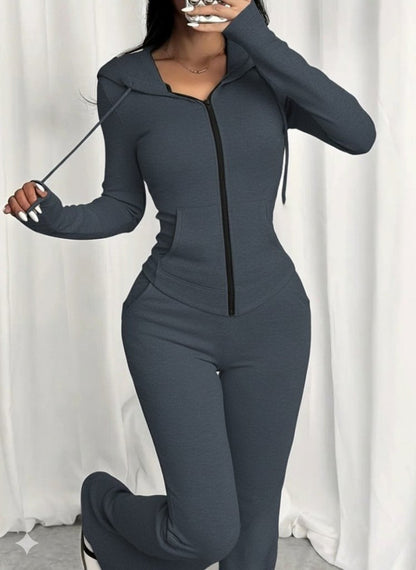 Kadın Uzun Kollu Kapşonlu Bağcıklı önü Fermuarlı Viskon Iki Iplik Bluz Ve Pantolon Ikili Takım