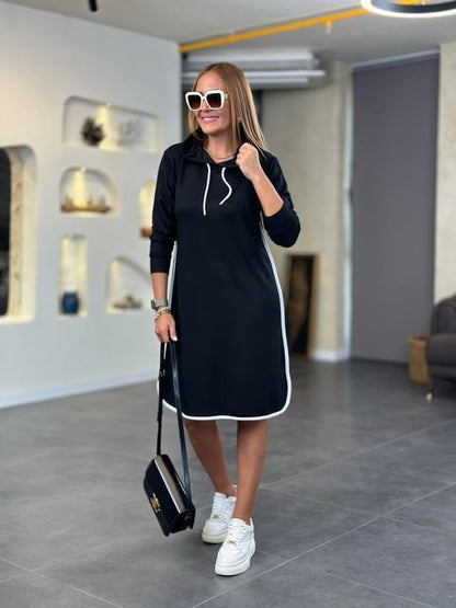 Kadın Uzun Kollu Kapüşon Ve Ribana Detay Diz üstü Elbise