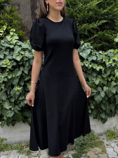 Kadın Kısa Balon Kollu Bisiklet Yaka Geniş Kesim Janjan Krep Elbise