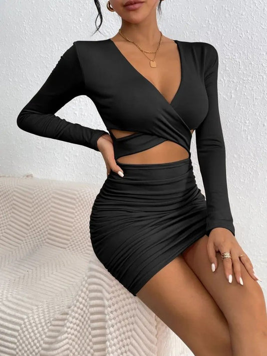 Kadın Uzun Kollu çapraz Dekolte Detaylı Mini Sandy Elbise