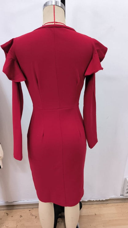 Kadın Uzun Kollu V Yakalı Yandan Yırtmaçlı Midi Ithal Krep Elbise