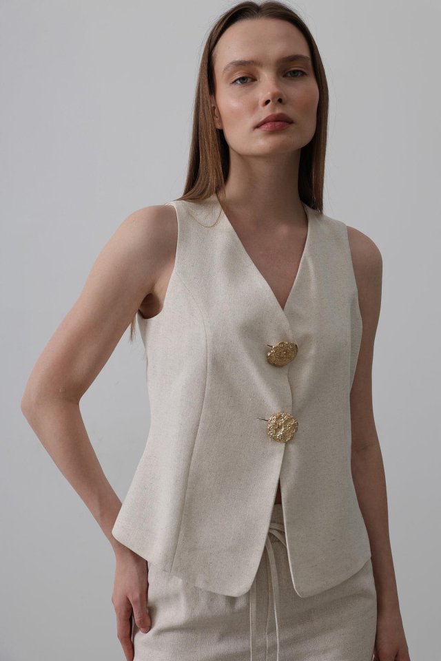 Düğme Detaylı Yelek - Krem