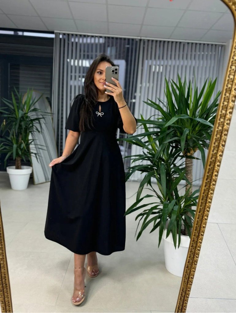 Kadın Kısa Kollu Bisiklet Yaka Fiyonk Broşlu Midi Janjan Krep Elbise