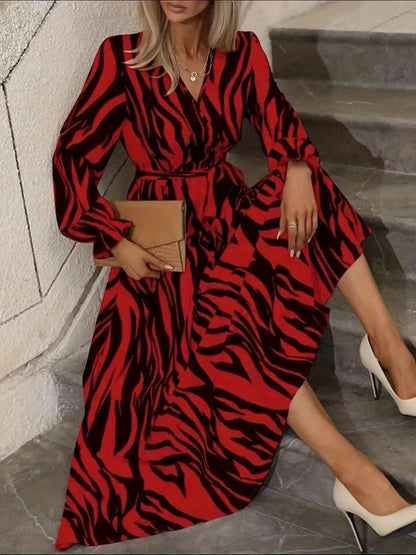 Kadın Uzun Kollu Kruvaze Yakalı Kuşaklı Zebra Desenli Süprem Maxi Elbise