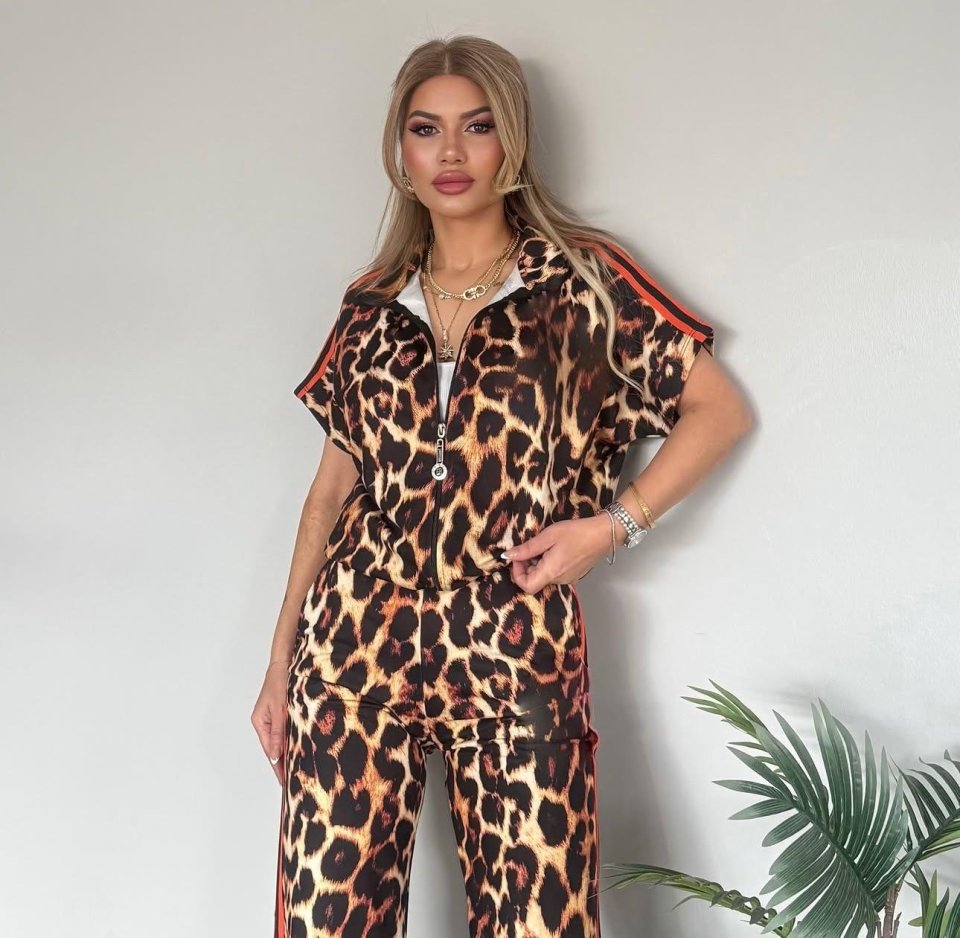 Kadın Dalgıç Kumaş Dijital Leopar Baskılı şerit Detaylı Takım