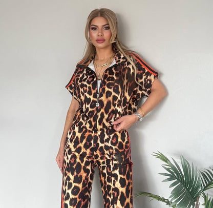 Kadın Dalgıç Kumaş Dijital Leopar Baskılı şerit Detaylı Takım