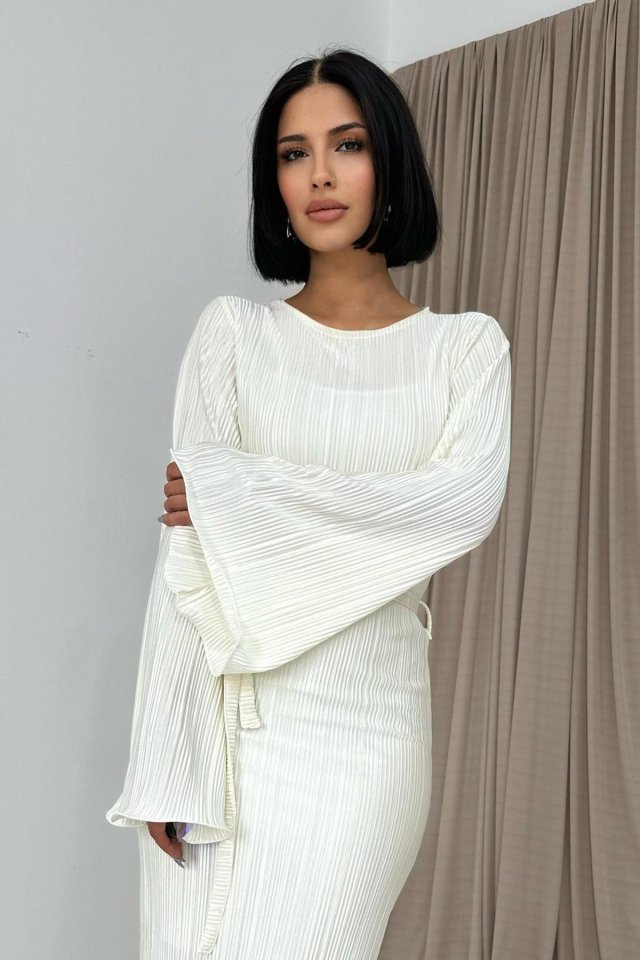 Ekru İspanyol Kol Piliseli Elbise