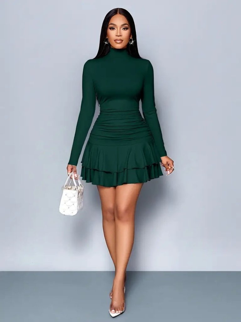 Kadın Uzun Kollu Balıkçı Yaka Mini Fırfırlı Sandy Elbise