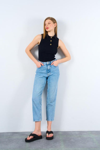 Patlı Düğmeli Triko Atlet - Siyah