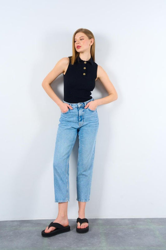 Patlı Düğmeli Triko Atlet - Siyah