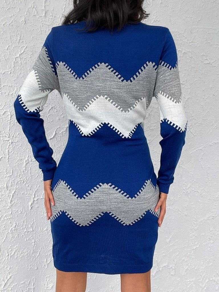 Kadın Uzun Kollu Zigzag Desen Triko Elbise