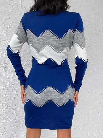 Kadın Uzun Kollu Zigzag Desen Triko Elbise