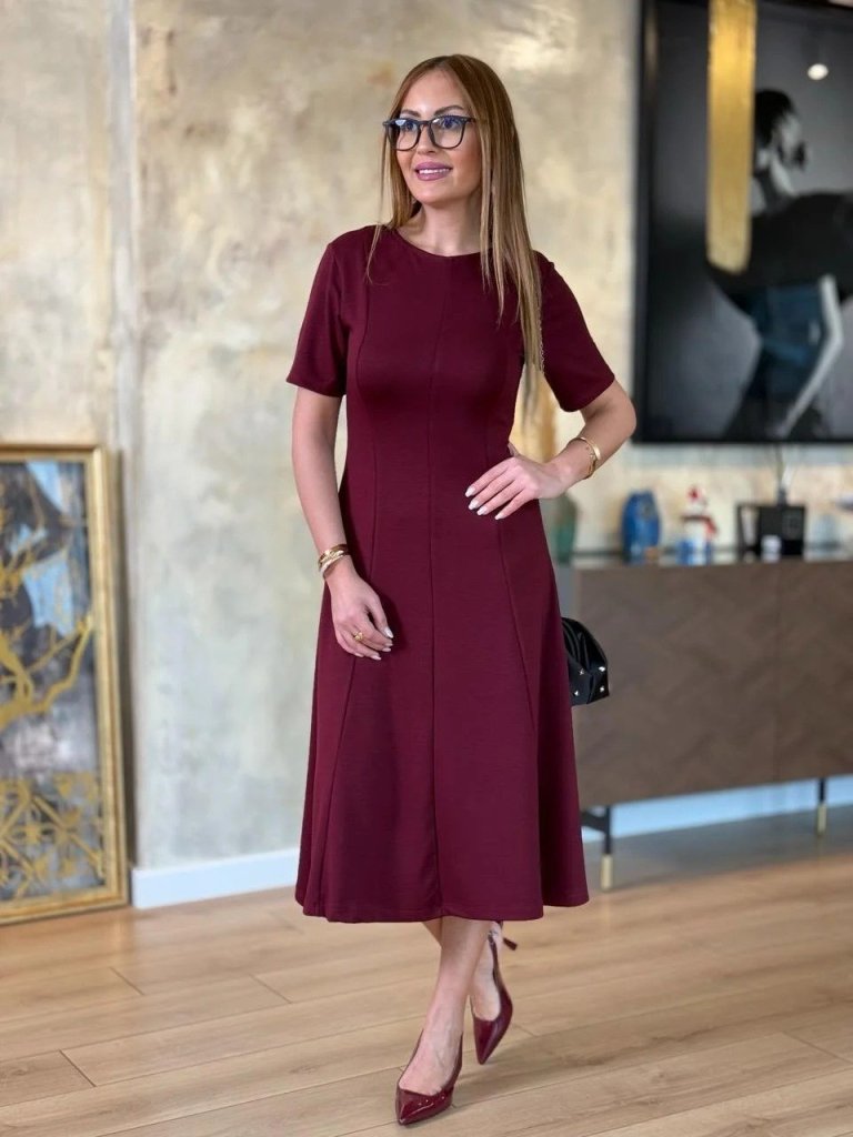 Kadın Kısa Kollu Bisiklet Yaka Midi Viskon Iki Iplik Elbise