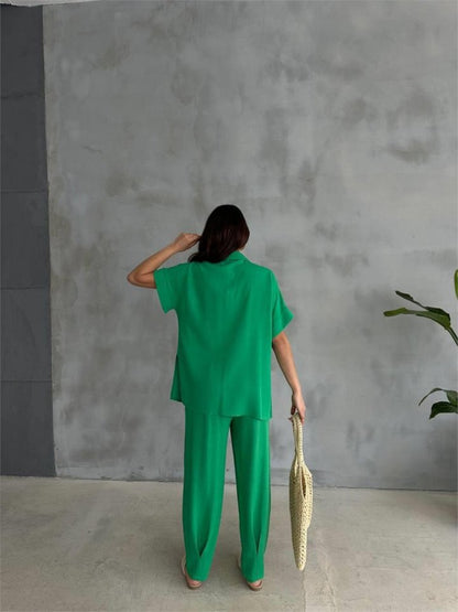 OMUZ MİDYE SIRALI BLUZ - PAÇA PENSLİ PANTOLON TAKIM - Yeşil