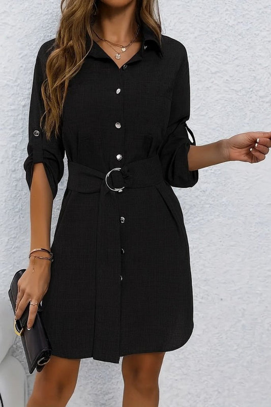 Kadın Uzun Kollu Yakalı önden Düğmeli Beli Kuşaklı Mini Ithal Keten Elbise
