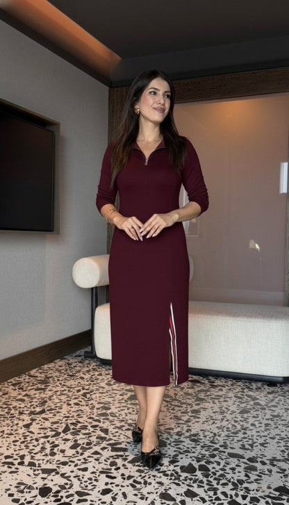 Kadın Uzun Kollu Balıkçı Yaka önden Fermuarlı Yırtmaçlı Midi Viskon Iki Iplik Elbise