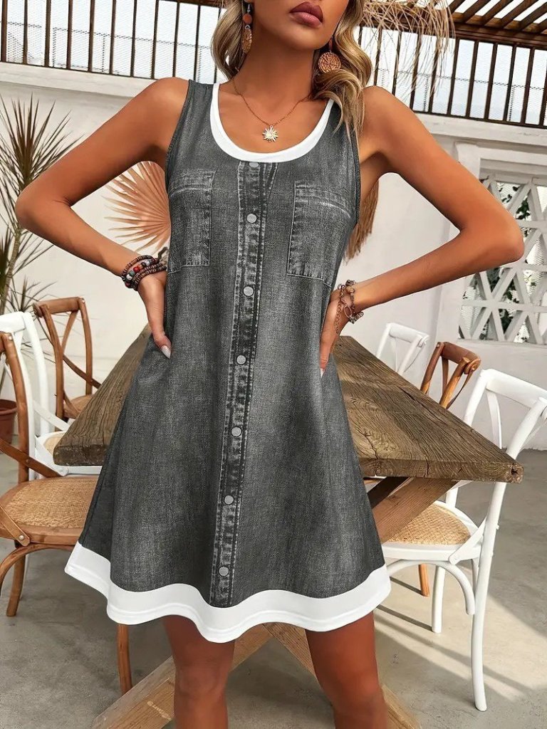 Kadın Askılı Yuvarlak Yakalı Kot Görünümlü Kısa Süprem Elbise