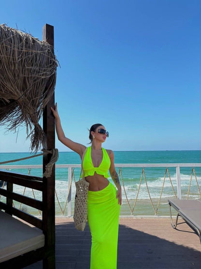 Kadın Mayo Kumaş Bağlamalı Crop Ve Maxi Boy Etek Ikili Takım