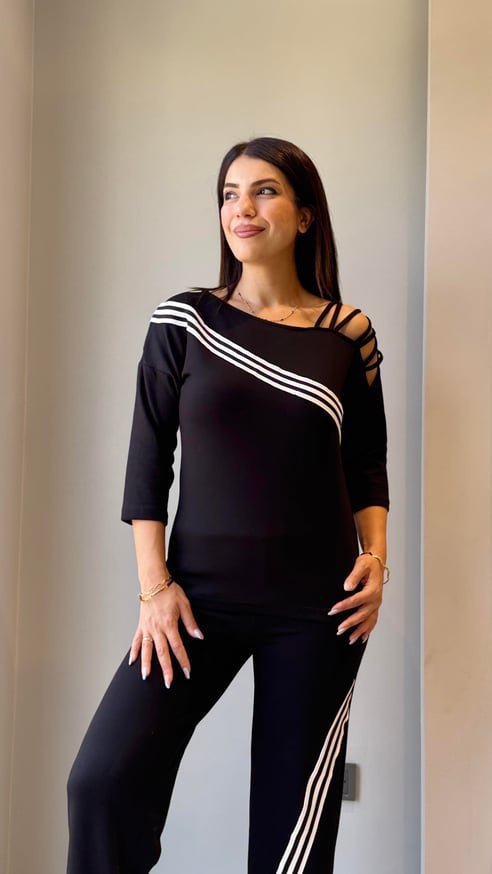 Kadın Uzun Kollu Truvakar Kol Tek Omuz çapraz şerit Detaylı Ribanalı Viskon Iki Iplik Bluz Ve Pantolon Ikili Takım