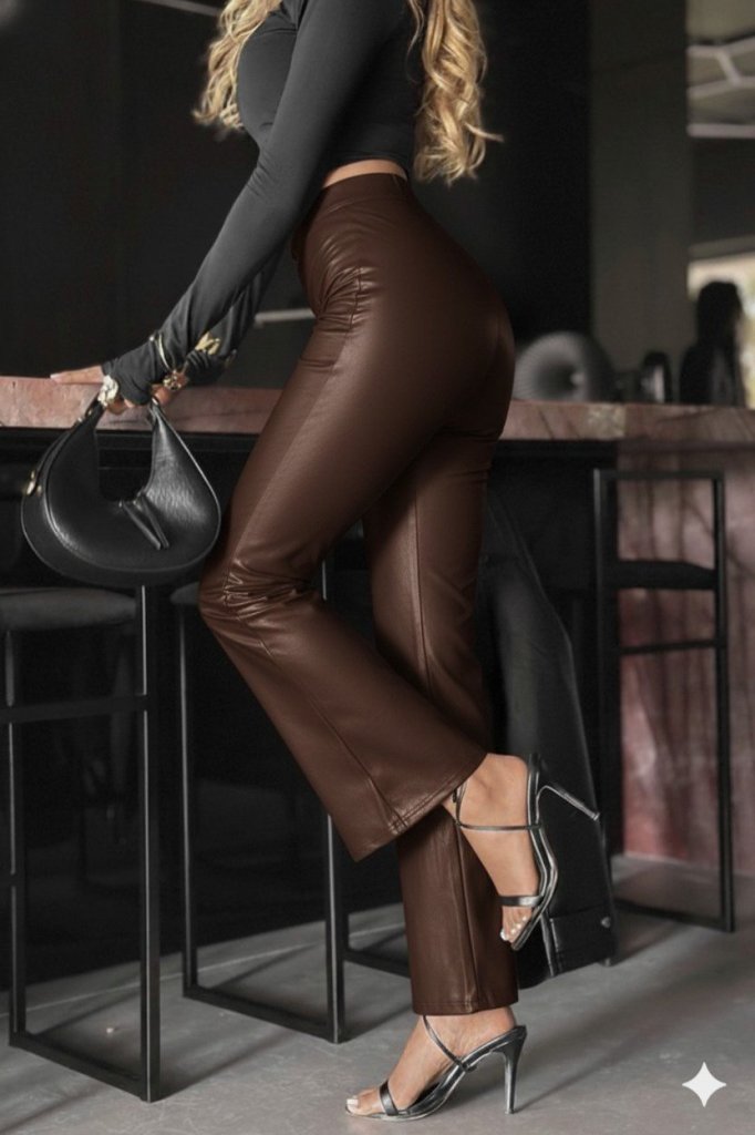 Kadın Yüksek Bel Paçaya Doğru Geniş Deri Pantolon