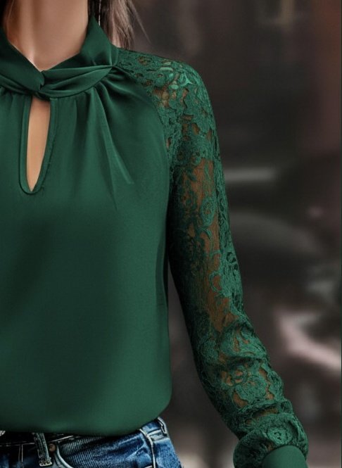 Kadın Uzun Kollu Yaka Düğme Detay Güpürlü Kol Krep Bluz