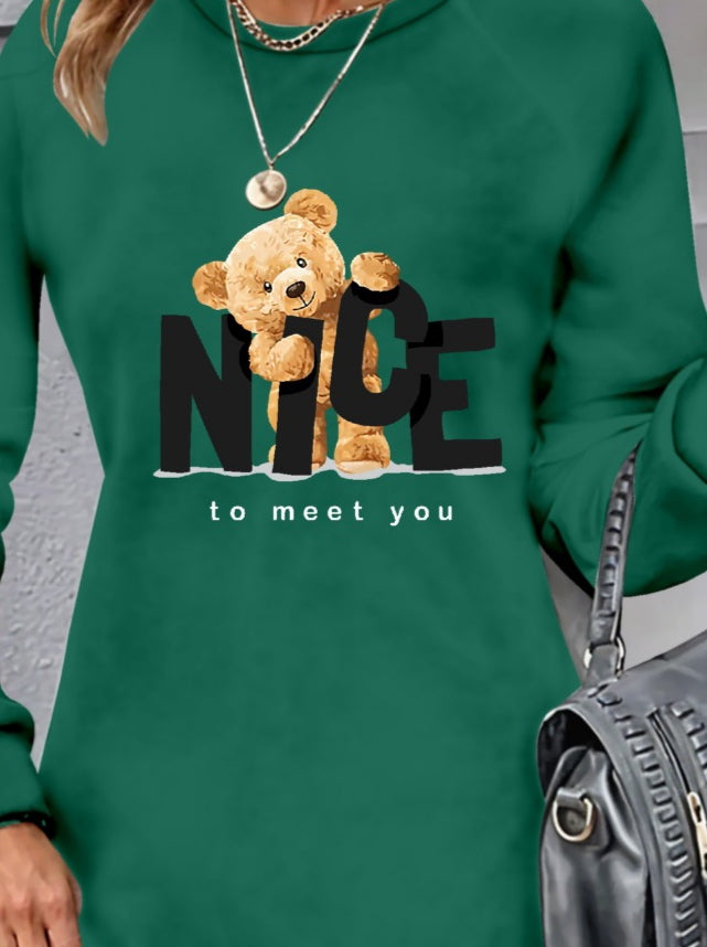 Kadın Uzun Kollu Bisiklet Yaka Ayı Desenli Viskon Iki Iplik Elbise