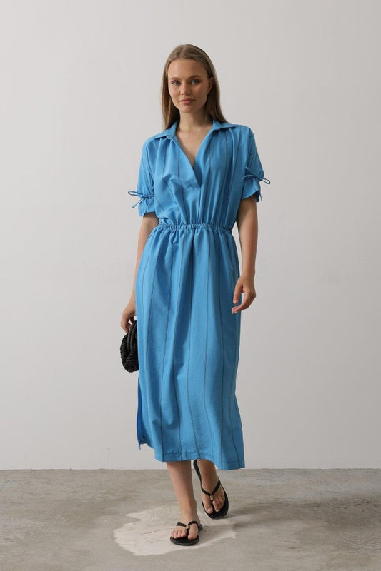 Beli Lastikli Elbise - Mavi