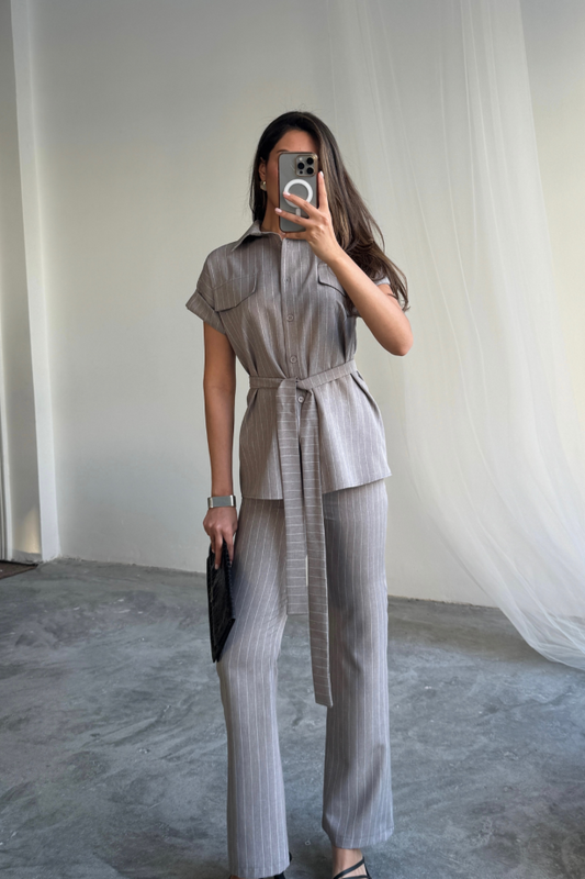 ÇİZGİLİ POLYVİSKON BLUZ - PANTOLON TAKIM - Gri