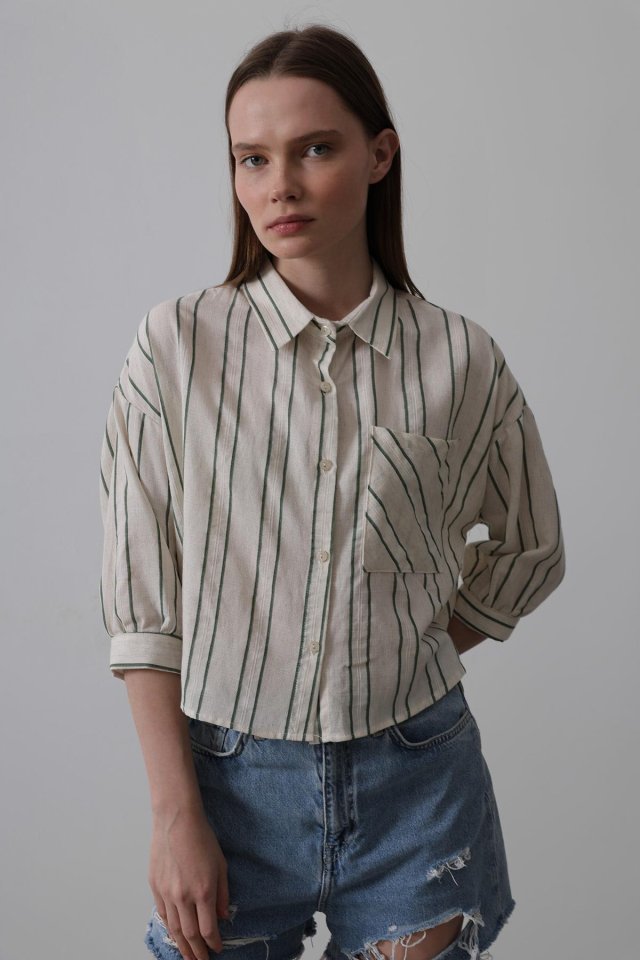 Çizgili Kısa Gömlek - Bej-Yeşil