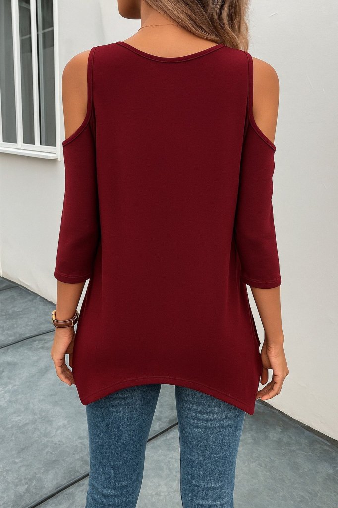 Kadın Omuzlardan Açık Sıfır Yaka Asimetrik Kesim Detay Viskon Bluz