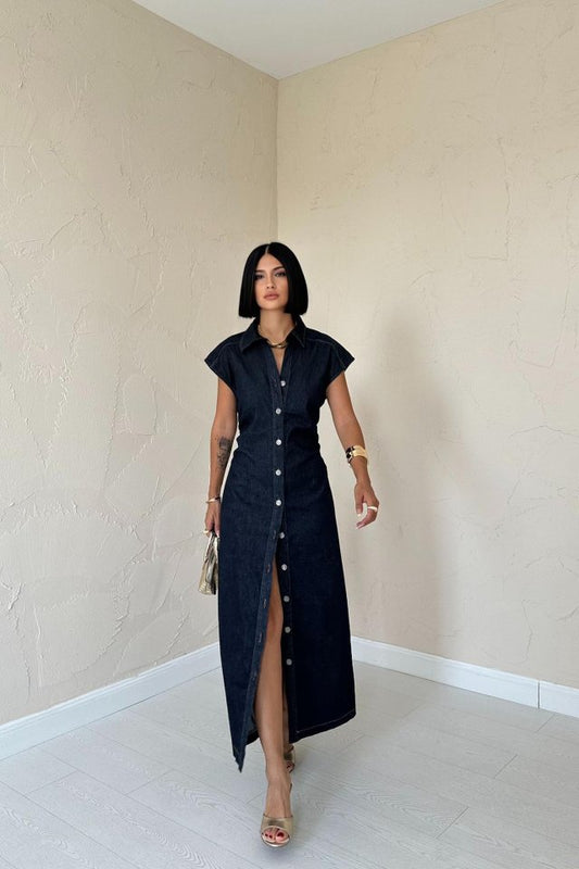 Mavi Kolsuz Vatkalı Elbise