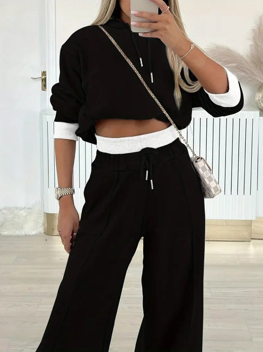 Kadın Uzun Kollu Kapşonlu Viskon Iki Iplik Bluz Ve Pantolon Ikili Takım